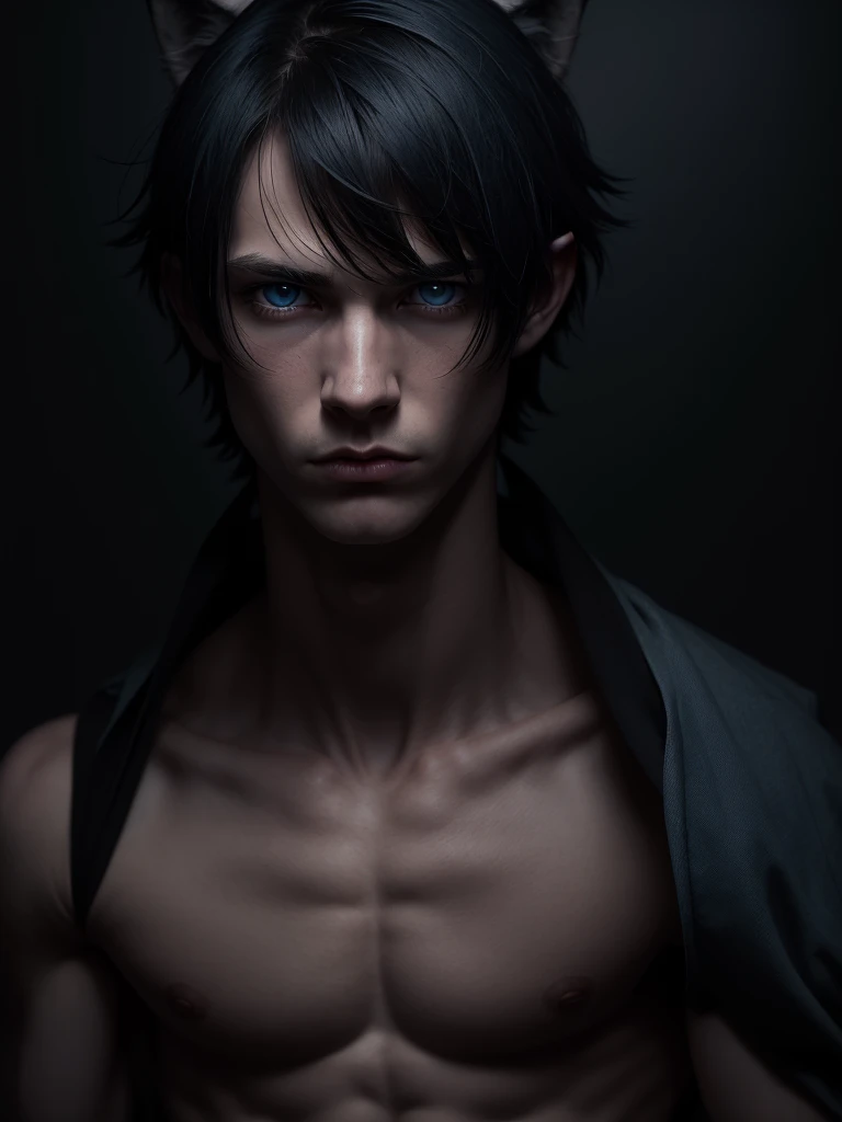 (best quality), 1boy, male, pale skin, black hair, short hair, tousled hair, messy bangs, bangs over eyes, blue eyes, perfect eyes, dark circles under eyes, (wolf ears), (wolf tail), collar, lanky body, boyish, strong jawline, frown, attractive, masculine ...