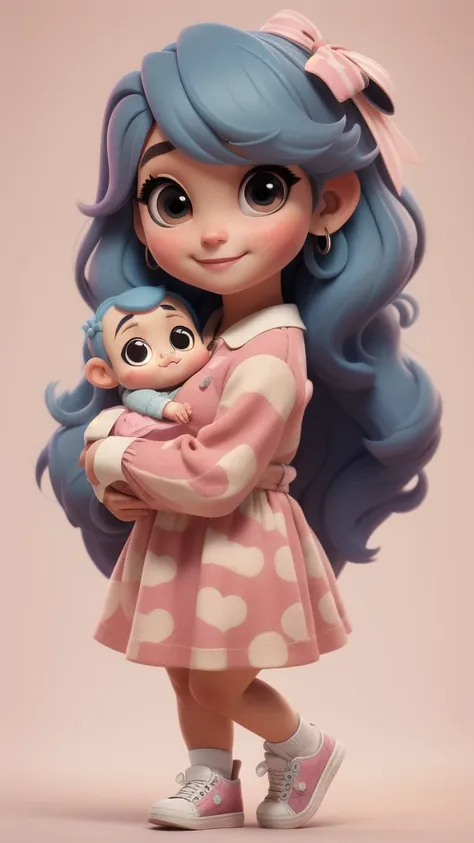 chibi baby 8k, highly detailed, beautiful girl, baby, chibi, , cover art, blue hair bow, brown long hair pink sleeve dress, whit...