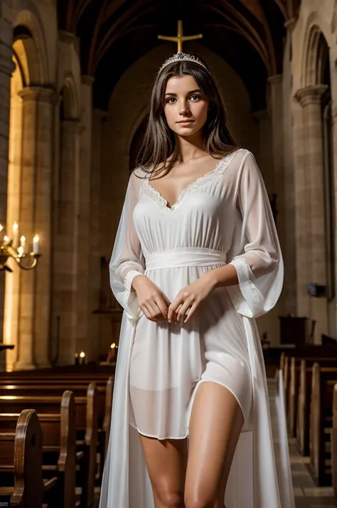 jeune femme de 25 ans, brune, professional lighting, flash lighting, in a church, portant une robe de mariée de princesse sexy transparente au niveau de la poitrine, tétons visibles