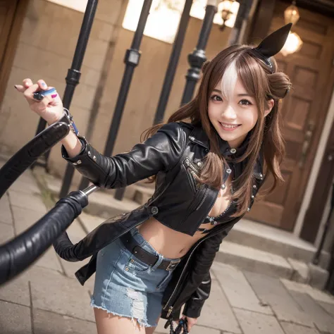 (((pixel perfect, perfect in every detail))), alone, one girl, minami kotori, , view your viewers, smile、leather whip，have a whi...