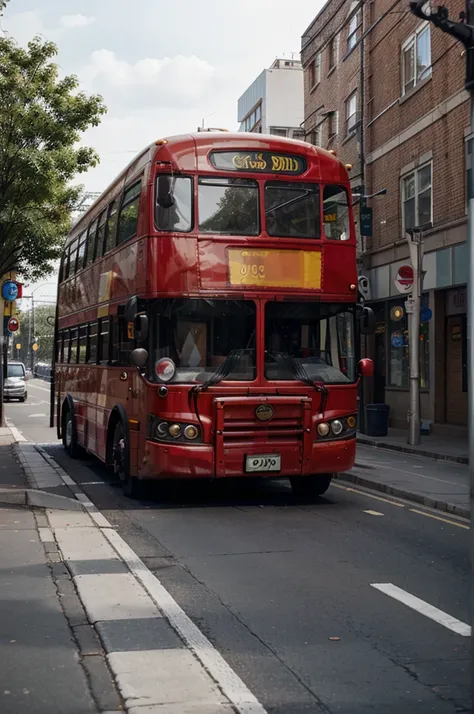 there is a red bus that is driving down the street, ( ( ( buses, public bus,