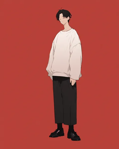 Create an illustration of a solo boys character standing in a relaxed pose against a solid red background. The character should wear oversized clothes: a white sweater paired with black pants. They should have black shoes, and their expression should conve...