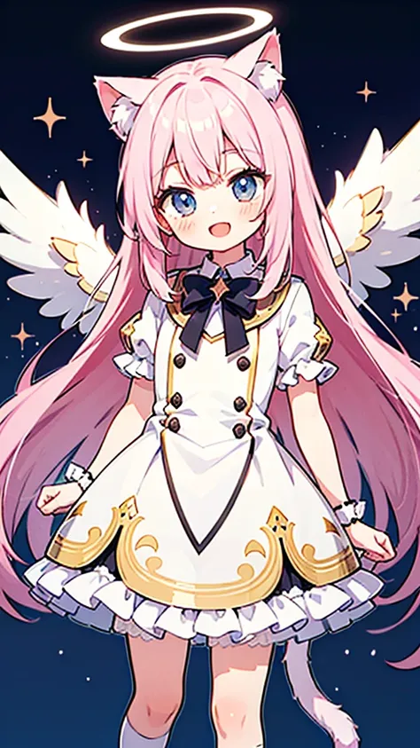 cat ears tail,long hair,pInk hair,angel shota,angel,halo,frilly angel uniform,Say good night and open mouth smile,
hyper detail and hyper precise illumination,anime style outline,crossdressing boy,