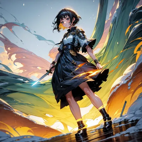 1girl, Full body version, 1character, girl version, black eyes color, short haircut, black colour hair, Ancient Roman style clothing, long skirt, ling boots, small armor body, Grassroots, background in snow, motion blur, (one piece style art), snow, knife ...