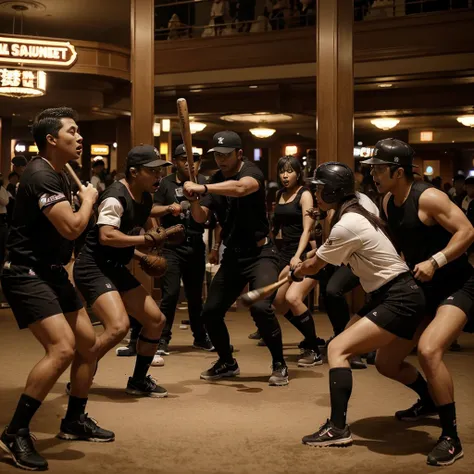 ((a group of people dressed in brown holding baseball bats)), fighting with ((a group of people dressed in black)), in a luxury casino in Japan, in the casino there is a sign RUNGSEB GROUP