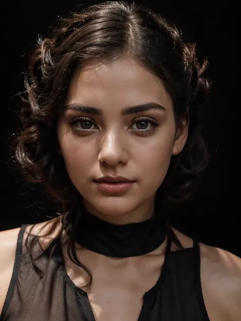 A beautiful dark-haired woman, elaborate updo hairstyle, portrait, plump lips, angelic face, gorgeous, matte skin, doe eyes, pronounced eyebrows, studio lighting, (black background:1.2), plain background