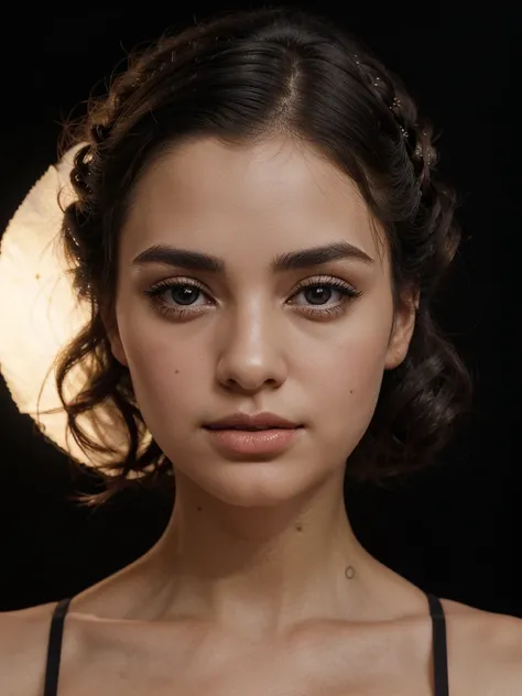 A beautiful dark-haired woman, elaborate updo hairstyle, portrait, plump lips, angelic face, gorgeous, matte skin, doe eyes, pronounced eyebrows, studio lighting, (black background:1.2), plain background