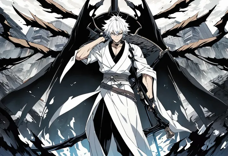 1 menino, foco masculino, Detalhes intrincados, 1 homem, bonito, cabelo branco, olhos verdes vibrantes, slim muscles, anime, 19 anos, 19 years, um pequeno cavanhaque, kimono de shinigami, shinigami, bleach style, bleach, regata, kimono, bleach, bleach styl...