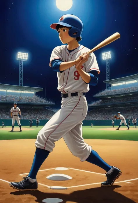 Baseball Player, by Chiho Aoshima, full body, cinematic still, cinemascope, (best quality, masterpiece), very aesthetic, perfect composition, intricate details, ultra-detailed, vivid colors