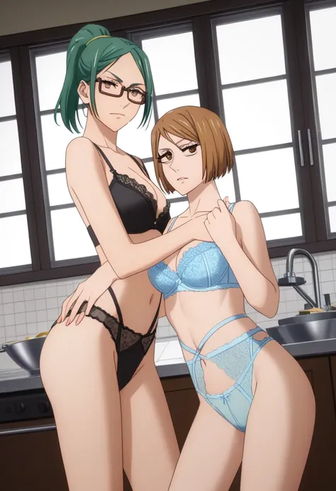 score_9_up, score_8_up, score_7_up, 2 girls, mature females, (((first girl is Nobara Kugisaki from Jujutsu Kaisen((brown bob hair, brown eyes)))))(((second girl is Maki Zenin from Jujutsu Kaisen((green ponytail hair, yellow eyes, glasses))))), fit slim bod...