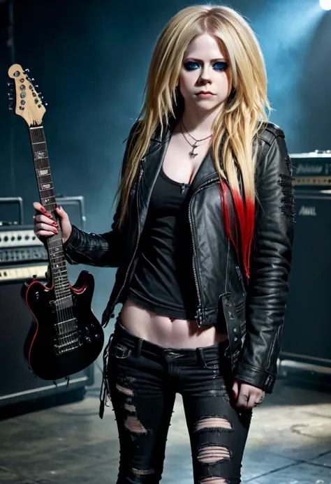 a beautiful detailed portrait of avril lavigne, a female rockstar, with piercing blue eyes, full red lips, pale skin, long blond...