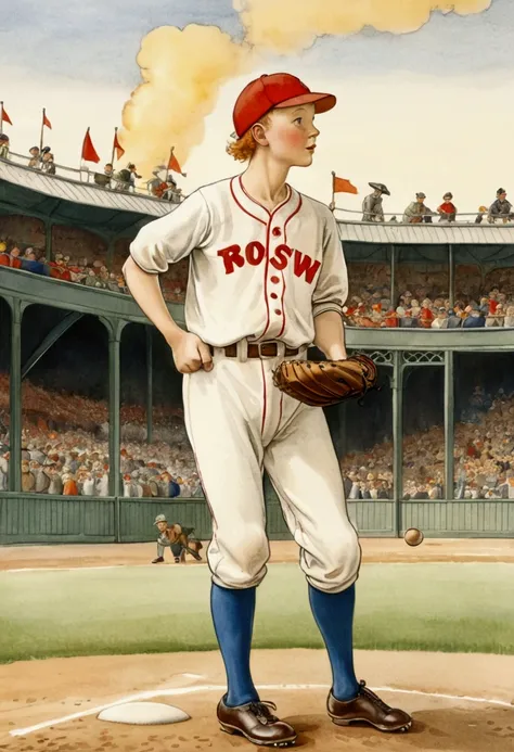 Baseball Player, by Elsa Beskow, full body, cinematic still, cinemascope, (best quality, masterpiece), very aesthetic, perfect composition, intricate details, ultra-detailed, vivid colors