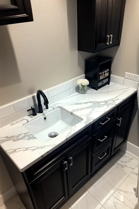 SMALL KITCHEN white marble floor walls,  black sink WHITE CABINETS