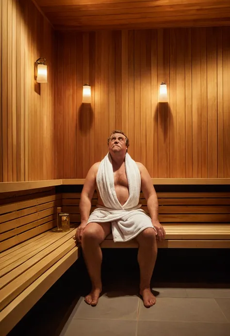 
In a sauna room with wooden walls and seats, A large man was sitting comfortably with his back against the wall, arms stretched out to the sides. He wore a towel wrapped around his body, looks relaxing.

In the far corner of the wall, There was a small gi...