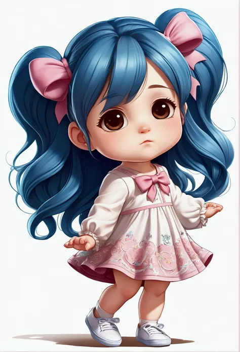 chibi baby 8k, highly detailed, beautiful girl, baby, chibi, , cover art, blue hair bow, brown long hair pink sleeve dress, whit...