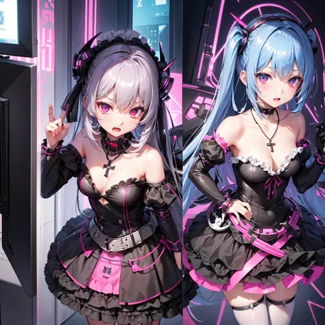 Maid clothes、 ww2，cyber punk、Soldier Woman（Cross Necklace　cyber punk　Gothic Lolita　Swimwear）,vampire、Tavern、Climax expression（tropical、トレイにtropicalジュースを載せている）Multiple monitors behind（anime）