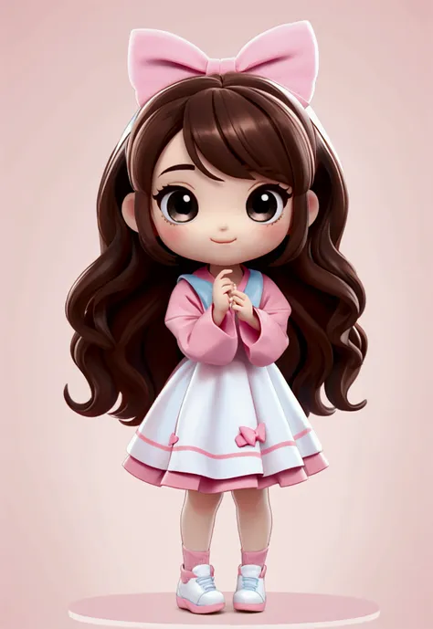 chibi baby 8k, highly detailed, beautiful girl, baby, chibi, , cover art, blue hair bow, brown long hair pink sleeve dress, whit...