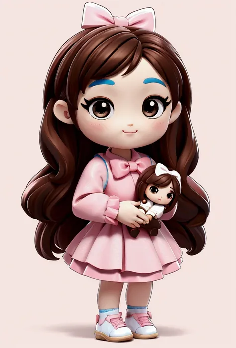 chibi baby 8k, highly detailed, beautiful girl, baby, chibi, , cover art, blue hair bow, brown long hair pink sleeve dress, white background,white shoes, balancing, optimistic, brown hair, brown hair,
