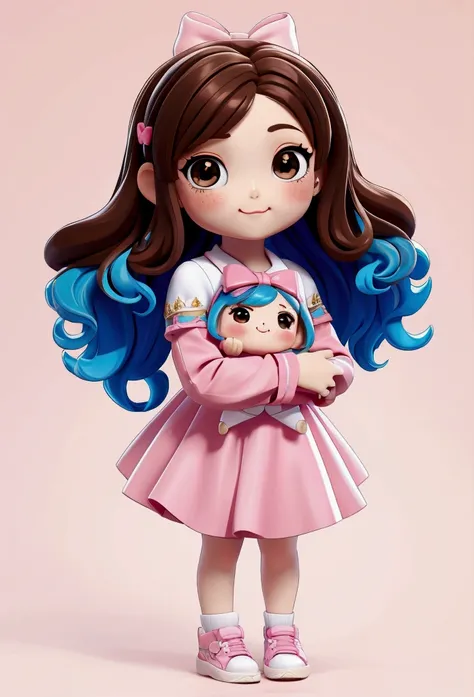 chibi baby 8k, highly detailed, beautiful girl, baby, chibi, , cover art, blue hair bow, brown long hair pink sleeve dress, white background,white shoes, balancing, optimistic, brown hair, brown hair,
