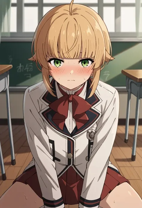 nsfw，pov，looking at viewer，
norngreyrat, norn greyrat, bangs, blonde hair, green eyes, ahoge,
long sleeves, bow，jacket, bowtie, ...