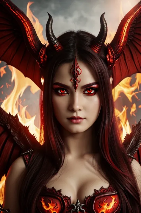 Demon goddess fire wings red eyes close  up horns