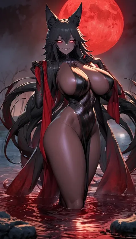 beautiful detailed black kitsune, red glowing eyes, highly detailed face, extremely detailed eyes and face, large breasts, curvy and sexy figure, mature woman, several long black kitsune tails, soft long black kitsune ears, ruling a lake, holding a towel, ...