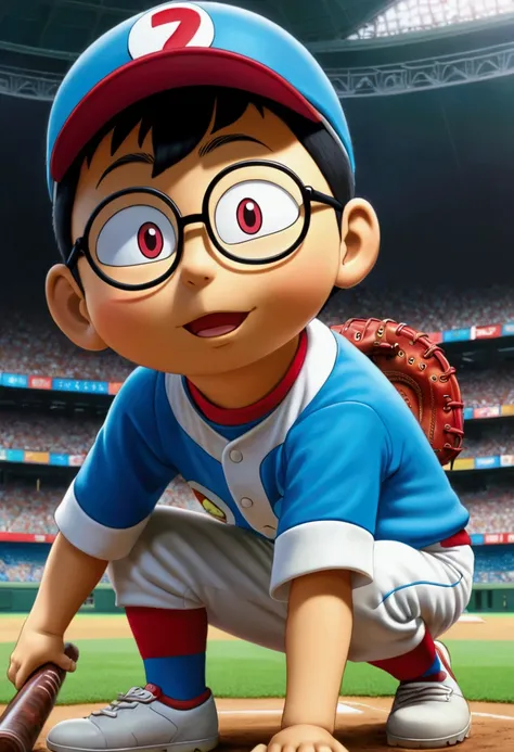 Baseball Player, Nobita Nobi from "Doraemon", full body, cinematic still, cinemascope, (best quality, masterpiece), very aesthetic, perfect composition, intricate details, ultra-detailed, vivid colors