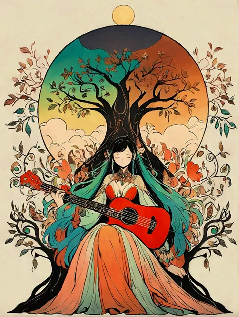 Romantic ancient style，night，Backlight，A Guitarist and a Woman Sitting on a Branch，Play guitar，There is a full moon behind，Alexander，repeat，Fresh colors，Soft colors，Diode lamp，Concept art style，extremely intricate details，Clear distinction between light an...