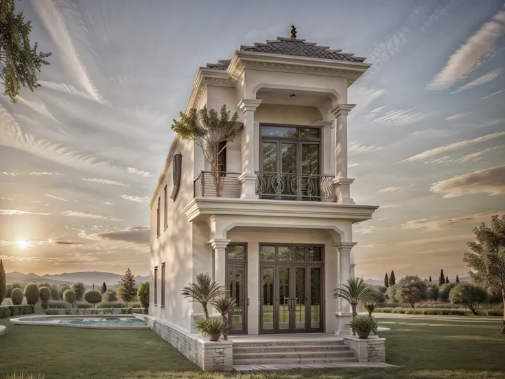 platform kthouse, neoclassical villa, main materials of the villa are white walls: 1.2 and stone: 1.2, ((stone fence : 1.2)), 1 ...