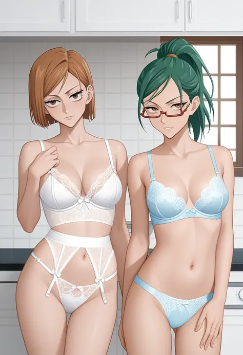 score_9_up, score_8_up, score_7_up, 2 girls, mature females, (((first girl is Nobara Kugisaki from Jujutsu Kaisen((brown bob hair, brown eyes)))))(((second girl is Maki Zenin from Jujutsu Kaisen((green ponytail hair, yellow eyes, glasses))))), fit slim bod...