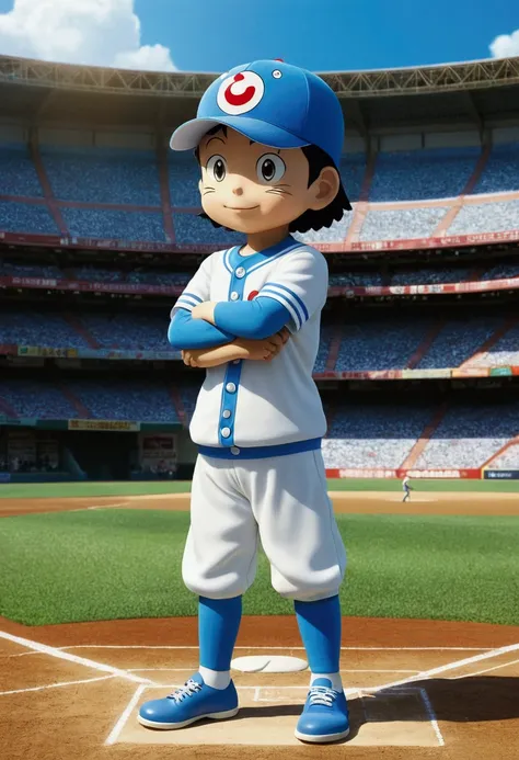 Baseball Player, Shizuka Minamoto from "Doraemon", Sue, full body, cinematic still, cinemascope, (best quality, masterpiece), very aesthetic, perfect composition, intricate details, ultra-detailed, vivid colors