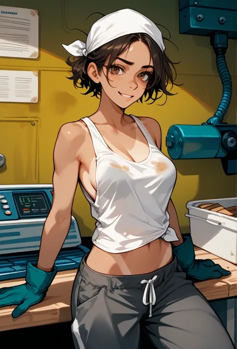 masterpiece, best quality, mature woman, messy hair, black hair, brunette gradient hair color, hot face, (tomboy face), tan skin, mature body, fit body, medium breasts, mechanic gloves, stained tank top, midriff, white bandana, mechanic pants, loose pants,...