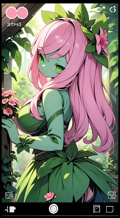 plant girl，pink hair，blade，blade decoration，plant girl，plant girl，green skin，dark skin，green skin，sunbathing，forest background，j...