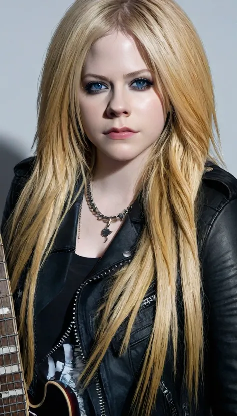 a beautiful detailed portrait of avril lavigne, a female rockstar, with piercing blue eyes, full red lips, pale skin, long blond...