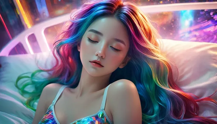 {{masterpiece}}, Highest quality, Highly detailed CG synthesis 8k wallpaper, Cinema Lighting,Futurism， Woman sleeping in bed，Close your eyes and sleep，Huge window behind， quiet night. , Multi-coloured hair, (Colorful Hair:1.5),