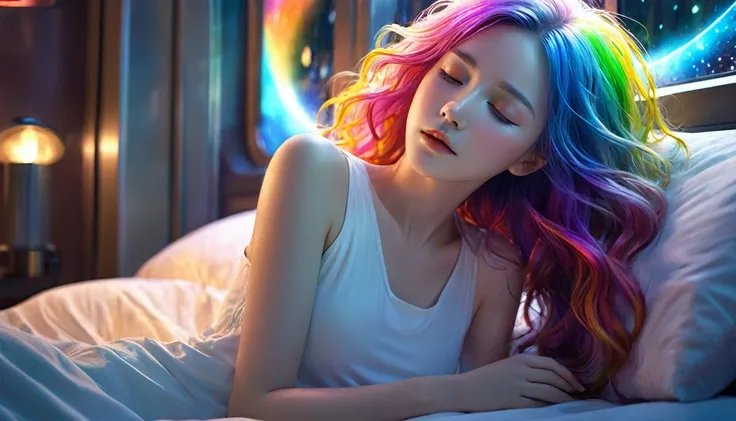 {{masterpiece}}, Highest quality, Highly detailed CG synthesis 8k wallpaper, Cinema Lighting,Futurism， Woman sleeping in bed，Close your eyes and sleep，Huge window behind， quiet night. , Multi-coloured hair, (Colorful Hair:1.5),