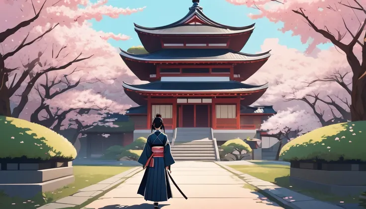 Female samurai,Background is cherry blossoms and a Japanese temple、 Wide-angle lens, Lofi Anime, Lofi illustration, Aesthetic atmosphere, Lo-Fi Style, Vector art, Flat Design, Simple shape, Warm tones, Pleasant atmosphere, Chill, In anime style, Digital dr...