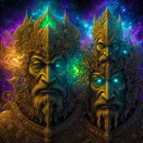 (High resolution, incredibly detailed, masterpiece), symmetrical, centered, portrait of gaelic greenman, featuring fractal geometry in (vibrant colors:0.8), set against a (galactic background:1.2), bringing together complex, mesmerizing shapes and patterns...