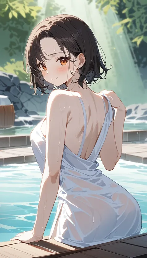 Highest quality, masterpiece, alone, Safe at Work, 1 female、Age 25、(Soft Bust:1.2)、(Natural Breasts)、(Cleavage)、(Slim figure)、(bath towelで胴体覆う)、(Naked Towel)、bath towel、From the side、(View your viewers:1.2)、(Warm up in the hot springs)、(White highlight on ...