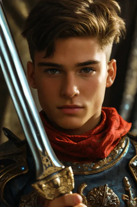 Realistic photo of solo handsome teenage men ,holding a big sword