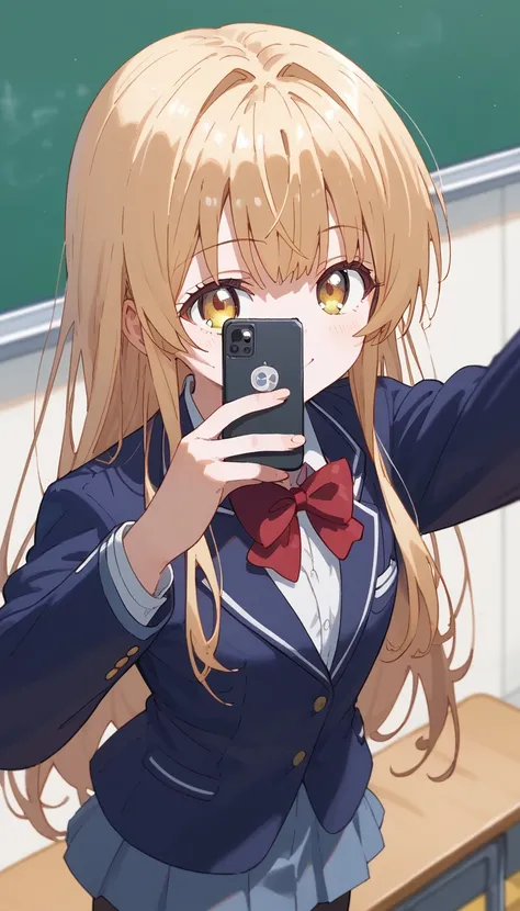 masterpiece,Ultra HD,score_4_onBREAK source_anime,可愛いanimeイラスト, masterpiece,high resolution,smile,alone,mahirushiina,One girl,Blonde,Long Hair,Selfie pose,Close your mouth,Blue blazer,Red bow tie,black tights,School,classroom,