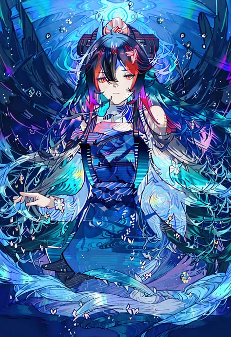 (ink splashing), color splashing, (amazing), ((1girl)),(beautiful detailed face), (close to viewer),((absurdly long hair,multicolored hair,gradient hair,shiny hair,streaked hair,aqua hair,colored inner hair,alternate hair color,hair up,crossed bangs,hair w...