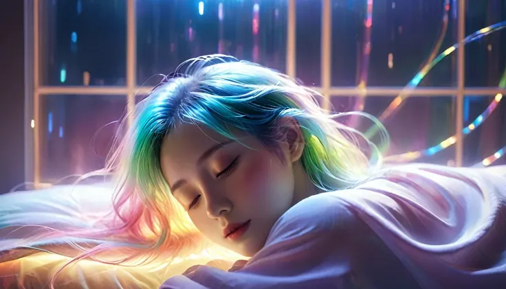 {{masterpiece}}, Highest quality, Highly detailed CG synthesis 8k wallpaper, Cinema Lighting,Minimalism, Woman sleeping in bed，Close your eyes and sleep，Huge window behind， quiet night. , Multi-coloured hair, (Colorful Hair:1.5),