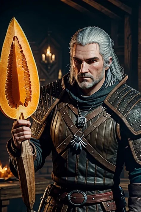 Draw Herald from the game The Witcher 3 with a butternut on his hands
