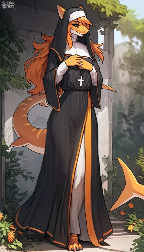 solo, black and orange shark, smile, black sclera, smile, sfw, outdoors, beautiful background, flowers, wearing nun clothing, head covering, orange hair,  motherly figure,  perfect anatomy, masterpiece, long hair,amazing shading, full body, detailed hands,...