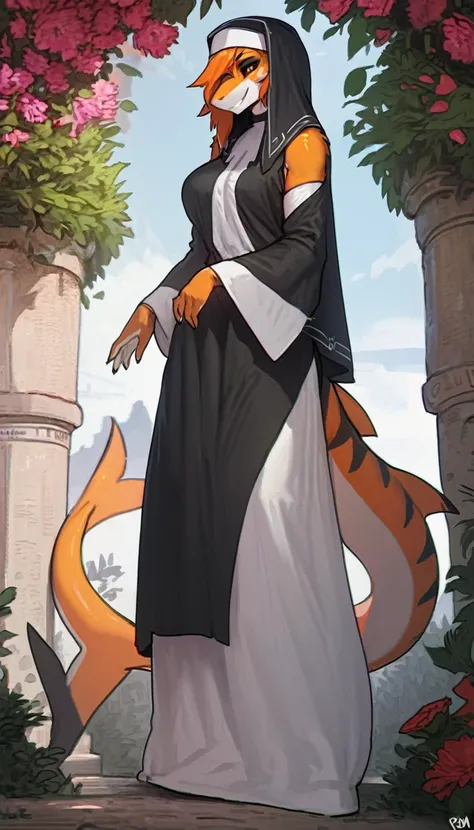 solo, black and orange shark, smile, black sclera, smile, sfw, outdoors, beautiful background, flowers, wearing nun clothing, head covering, orange hair,  motherly figure,  perfect anatomy, masterpiece, long hair,amazing shading, full body, detailed hands,...