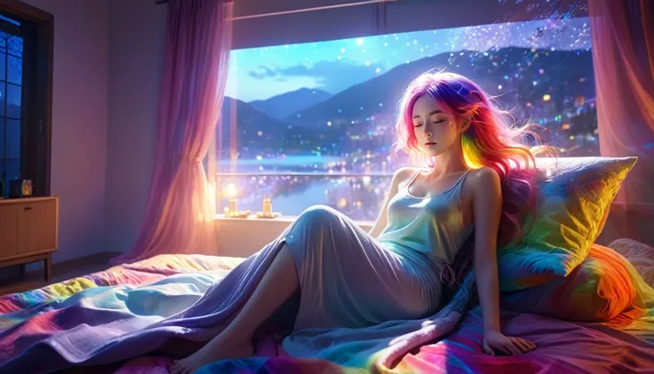 {{masterpiece}}, Highest quality, Highly detailed CG synthesis 8k wallpaper, Cinema Lighting,, Woman lying in bed，Blankets and pillows nearby,Close your eyes and sleep，Large window at the back， quiet night. , Multi-colored hair, (colorful:1.5), (colorful h...