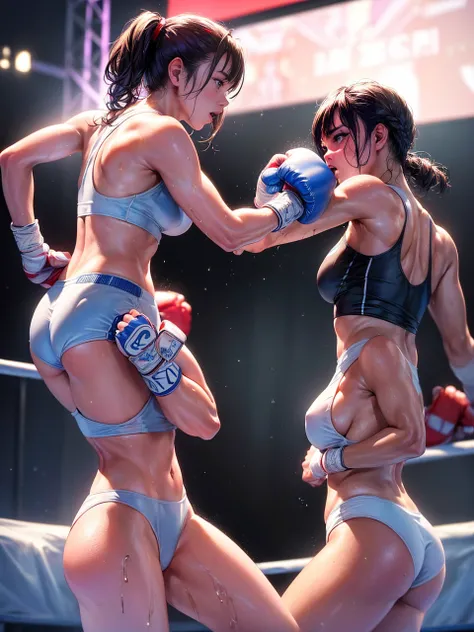 ((masterpiece, highest quality, Highest image quality, High resolution, photorealistic, Raw photo, 8K)), Boxing match, female athletes punching each other in the lights, wet bodies, profiles of athletes looking across, 