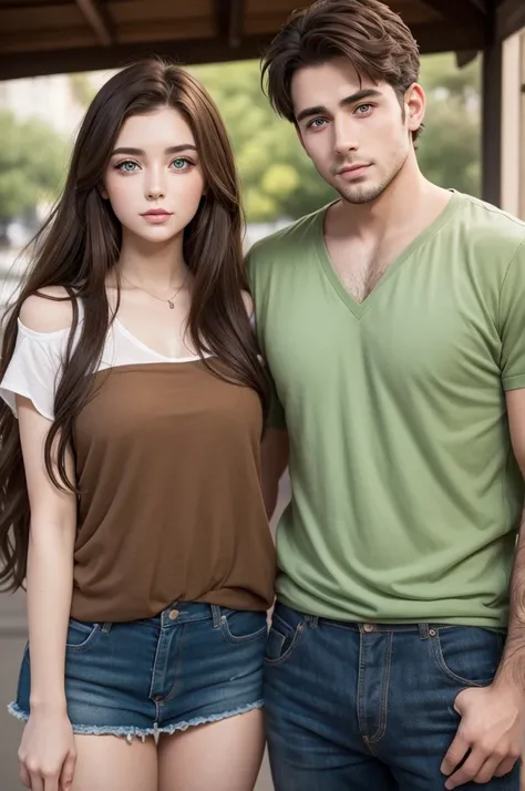 Couple of a 20 year old woman and a 28 year old man with green eyes and brown hair 