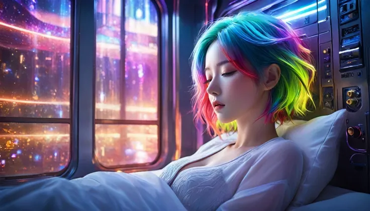 {{masterpiece}}, Highest quality, Highly detailed CG synthesis 8k wallpaper, Cinema Lighting,Futurism， Woman sleeping in bed，Close your eyes and sleep，Huge window behind， quiet night. , Multi-coloured hair, (Colorful Hair:1.5),